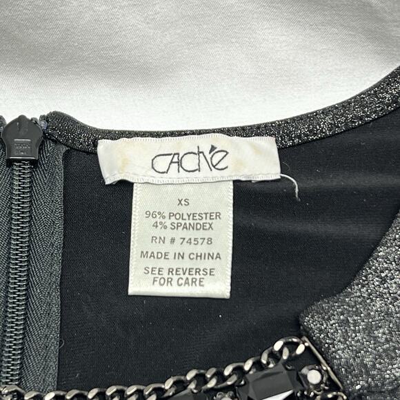 Cache Black Shimmer XS Rhinestone Neckline Glam Y2K Clubwear Party Blouse VTG - Picture 7 of 8